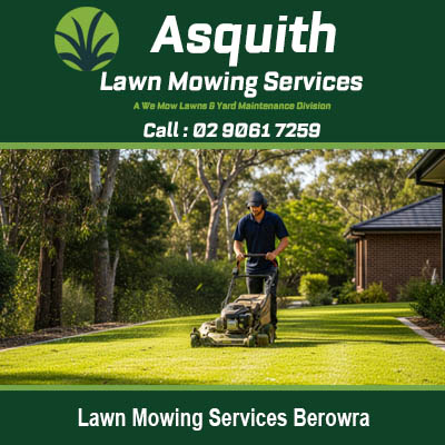 Professional lawn mowing services at Berowra NSW with gardener using push mower on residential lawn
