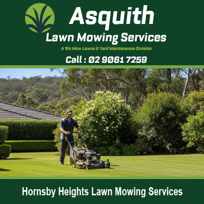 Professional lawn mowing services at Hornsby Heights NSW with gardener using push mower on residential lawn