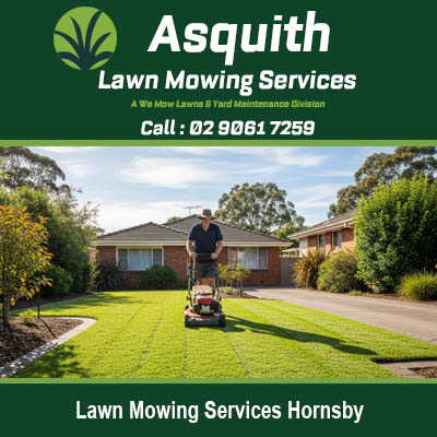 Professional lawn mowing services with operator using ride on mower on residential property in Hornsby NSW