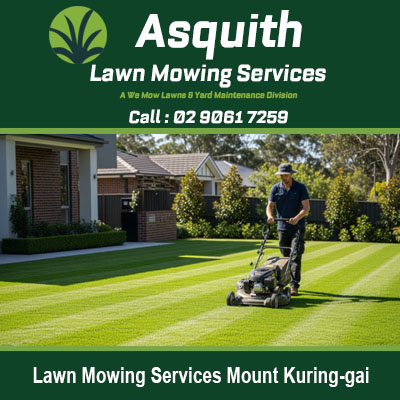 Best lawn mowing services in Mount Kuring-gai with gardener pushing mower creating striped grass pattern