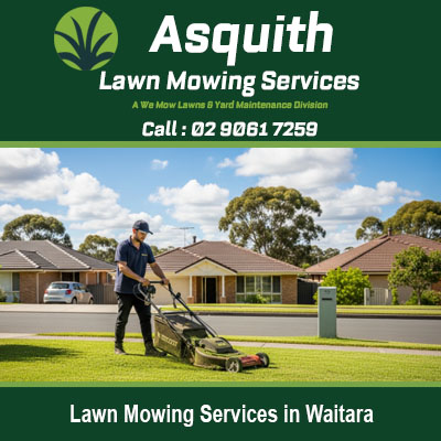 Expert lawn mowing services in Waitara featuring gardener maintaining residential grass with professional equipment